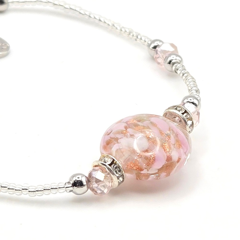 Murano Glass Pink Gold Foil Lampwork Bead Bracelet Silver Tone Crystal Accents‎